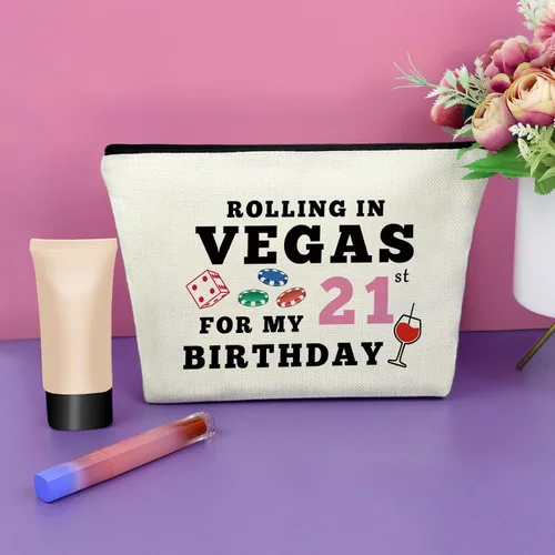 Miniatura 4 de Sazuwu Bolsa de maquillaje para regalos de cumpleaños número 21 para mujer, Rolling in Vegas para mi cumpleaños número 21