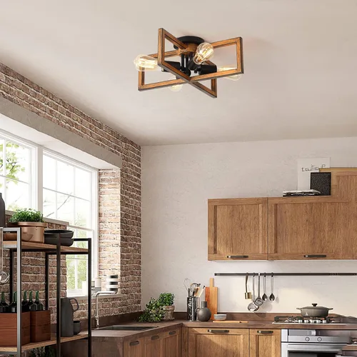 Miniatura 7 de KEESFU Lámpara de techo retro semiempotrada de 4 luces, con acabado de grano de madera de granja, iluminación rústica para dormitorio, sala