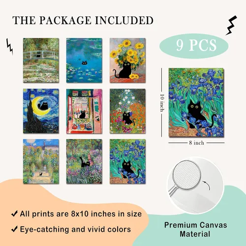 Miniatura 2 de Kizbok Juego de 9 carteles divertidos de gato negro, impresiones artísticas de pared de gato negro vintage de Monet Matisse Van Gogh, gatos negros