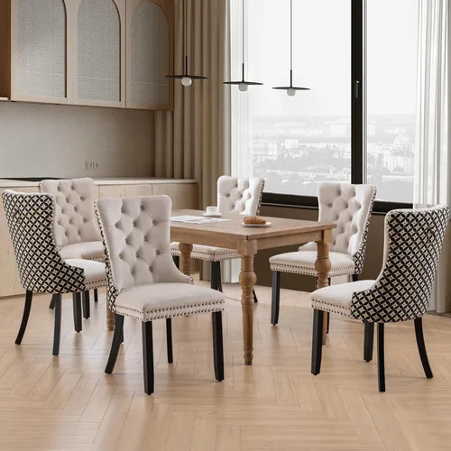 Miniatura 169 de SoarFlash Juego de 2 sillas de comedor de tela de lino, sillas de comedor tapizadas con ribete de cabeza de clavo y patas de madera de color claro