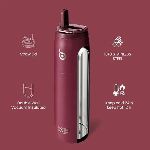 Miniatura 3 de BOTTLE BOTTLE Botella de agua de acero inoxidable con popote y tapa, taza aislada al vacío de 32 onzas, se mantiene fría y caliente, botellas de Rojo