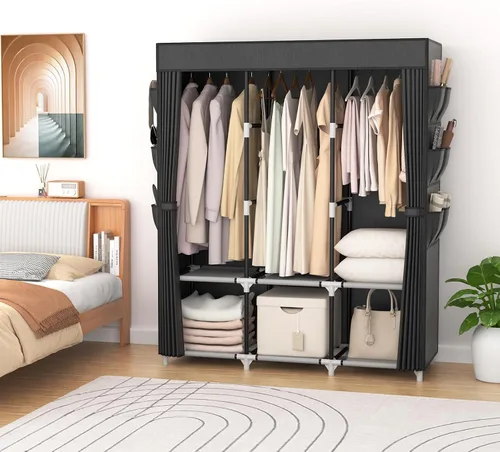 Miniatura 2 de VTRIN Armario portátil para colgar ropa con cubierta, 3 varillas colgantes, 6 estantes de almacenamiento y bolsillo lateral, Tubo de metal