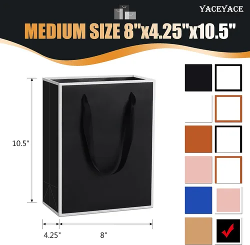 Miniatura 3 de YACEYACE Bolsas de regalo negras con asas, 10 bolsas a granel de 8 x 4 x 10.5 pulgadas para fiestas, cumpleaños, bodas, venta al por menor