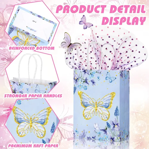 Miniatura 5 de Outus 24 piezas de bolsas de regalo de fiesta de mariposa, bolsas de golosinas de mariposa, bolsas de papel para regalos con mango, morado, azul