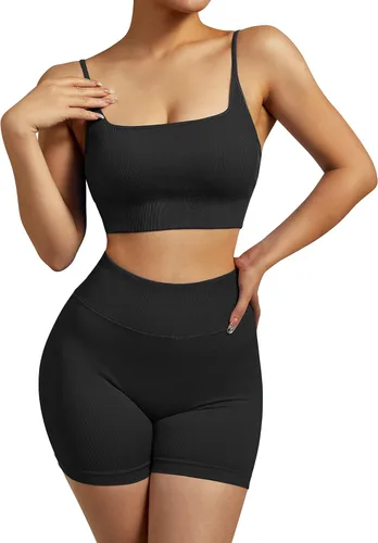 Miniatura 7 de RXRXCOCO Conjuntos de entrenamiento para mujer, 2 piezas, conjuntos de yoga acanalados, sin costuras, cintura alta, pantalones cortos con brasier