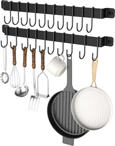 Colgador de cocina montado en la pared con 10 ganchos, riel de cocina de hierro forjado, estante para utensilios, ollas colgantes, sartenes, taza de