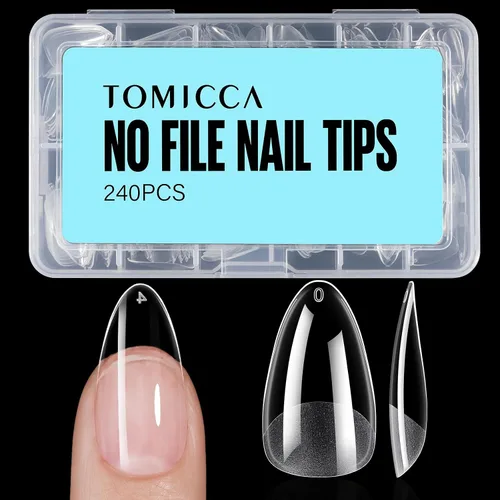 Miniatura 19 de TOMICCA Puntas de uñas de almendra extra cortas, 240 unidades, 15 tamaños, puntas de uñas de gel transparente preformadas, no necesita lima, uñas