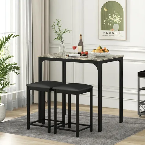 Miniatura 8 de GOFLAME Juego de mesa de comedor de 3 piezas para 2, juego de mesa y sillas de cocina a altura de mostrador con tablero de mármol falso, taburetes