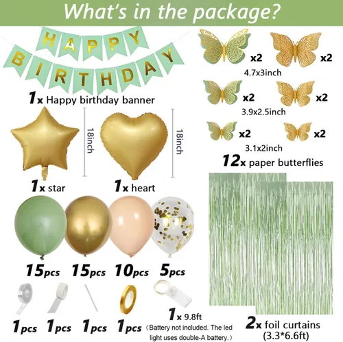 Miniatura 4 de Decoraciones de cumpleaños verde salvia con pancarta de feliz cumpleaños, cortinas, globos de corazón y estrella, decoración de mariposa y luz LED
