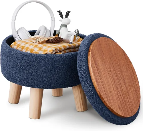Miniatura 8 de Wimarsbon Otomana de almacenamiento, moderno reposapiés redondo con asiento acolchado suave, reposapiés de terciopelo teddy con patas de madera