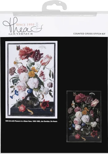 Miniatura 5 de Thea Gouverneur - Kit de punto de cruz contado - Naturaleza muerta con flores en un jarrón de vidrio - 2 - Aida Black - 14 unidades - para adultos