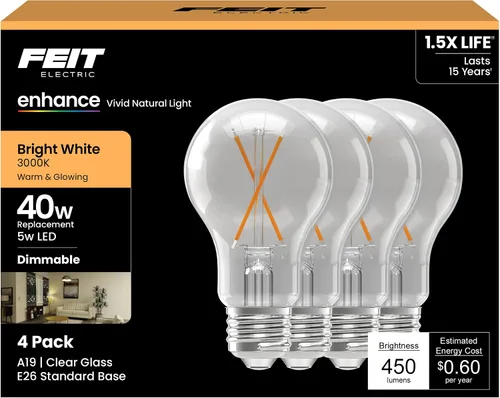 Miniatura 9 de Feit Electric Bombilla LED A19 de base media, equivalente a 40 W, vida útil de 15 años, 450 lúmenes, 2700 K, blanco suave, regulable, paquete de 2
