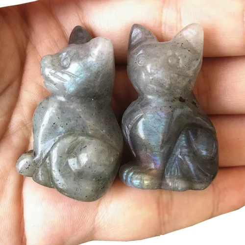 Miniatura 13 de 2 piezas de cristales de labradorita negra natural y piedras curativas, figuras de gato de la suerte talladas en bolsillo, coleccionables de 1.5