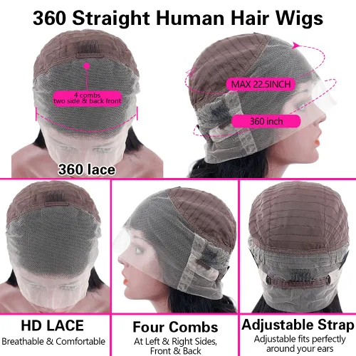 Miniatura 3 de sdamey 360 Pelucas de encaje frontal liso Pelucas de cabello humano HD transparentes con encaje completo para mujeres, pelucas de cabello humano