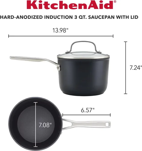 Miniatura 2 de KitchenAid Cacerola antiadherente de inducción anodizada dura con tapa, 3 cuartos - Negro mate
