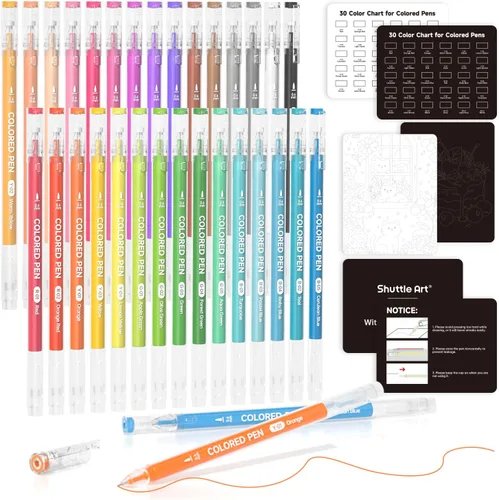 Shuttle Art 30 colores Bolígrafos de diario lindos 0.6mm Bolígrafos de gel de punta fina de colores para papel negro, colorear para adultos,