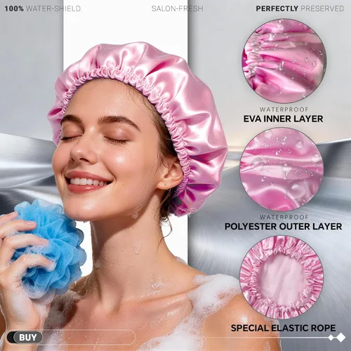 Miniatura 2 de Smilco Paquete de 2 gorros de ducha para mujer, reutilizables, impermeables, de doble capa, cubierta elástica grande de EVA para el cabello, se
