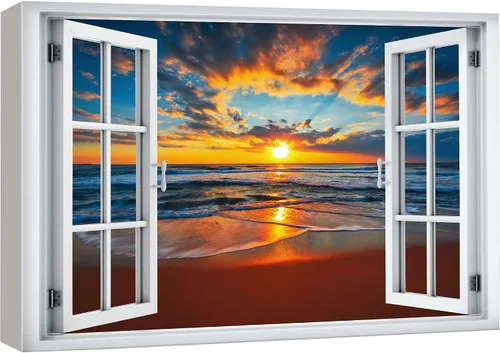 Miniatura 23 de wall26 - Cuadro en lienzo para pared, vista de ventana, atardecer neón, cielo, palmera tropical, playa, naturaleza, desierto, fotografía, realismo