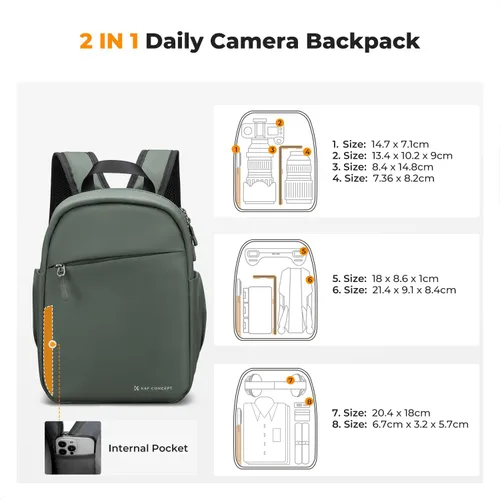 Miniatura 4 de K&F CONCEPT Mochila para cámara, bolsa ligera para fotógrafos, bolsa de fotografía portátil compatible con Canon/Nikon/Sony, color verde verde