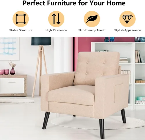 Miniatura 5 de Giantex Silla decorativa moderna, sillón tapizado de mediados de siglo con patas de madera de goma, tela de lino patentada, sofá individual