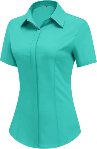 Miniatura 14 de HOTOUCH Camisas de manga corta con botones para mujer, blusa con cuello ajustado, blusa básica de verano para oficina, tallas S-2XL
