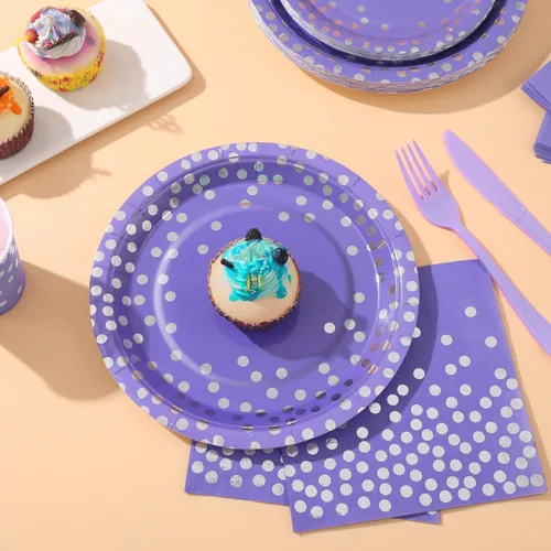 Miniatura 3 de Decoraciones de Fiesta Moradas, 168 Piezas Platos y Servilletas Morados Suministros para Fiestas, Platos de Cumpleaños Lavanda Sirve para 24