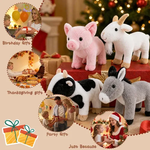 Miniatura 7 de Juego de 4 animales de peluche de granja de 8 pulgadas – cerdo, cabra, vaca y burro, juguetes ultrasuaves y lavables para niños, adorable decoración