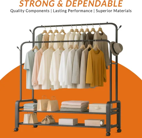 Miniatura 4 de Perchero resistente, perchero y perchero con ruedas, perchero independiente de doble barra para colgar ropa con estante de 2 niveles y organizador