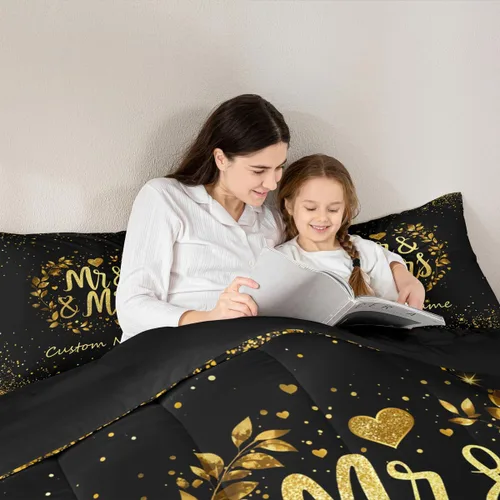 Miniatura 3 de Juego de ropa de cama personalizado con lentejuelas negras y doradas, tamaño individual, edredón de corazón dorado con purpurina para mujeres