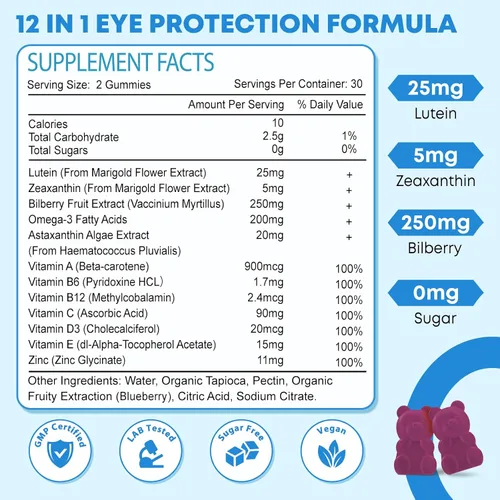 Miniatura 6 de Gomitas de luteína, suplementos de luteína y zeaxantina 12 en 1, vitaminas oculares para adultos, suplemento de salud ocular con múltiples vitaminas