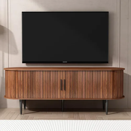 Soporte de TV acanalado moderno de mediados de siglo, soporte de TV de nogal para TV de 55 pulgadas, centro de entretenimiento de madera con puertas