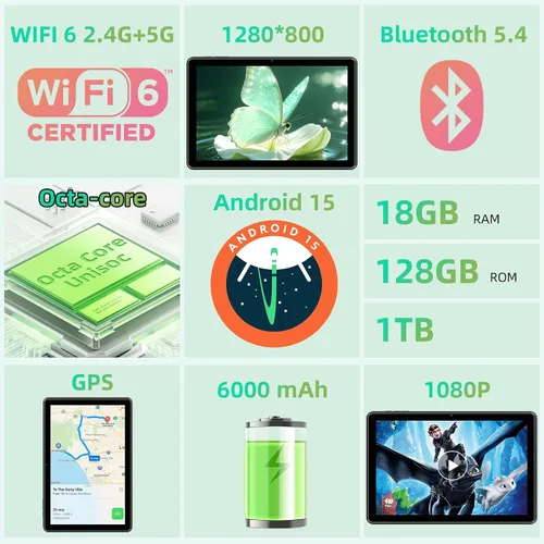 Miniatura 2 de Raemond Tableta Android 15 de 10 pulgadas, 18GB RAM 128GB ROM 1TB Expand, procesador Octa-Core, 1280x800 IPS Widevine L1, WiFi 6, cámara dual