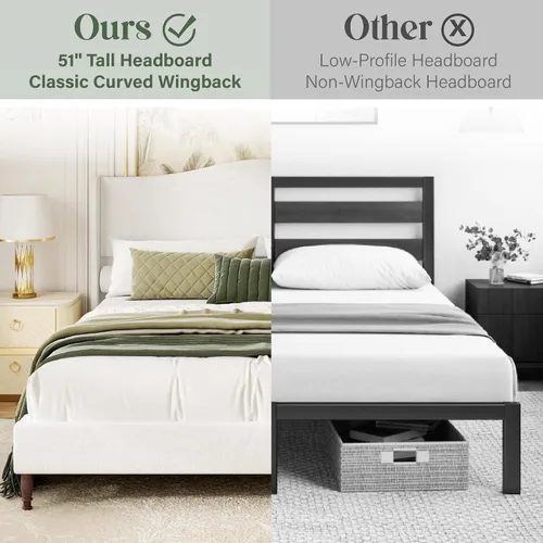 Miniatura 5 de Base de cama tapizada tamaño Queen, cabecera de tela de felpilla de 51 pulgadas de alto con diseño clásico de alas curvadas, patas de madera maciza
