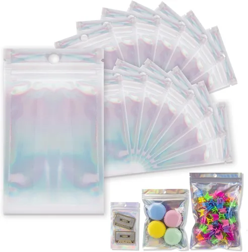 Miniatura 10 de YOTOZU 2.72 x 3.93 pulgadas, 100 bolsas holográficas de Mylar con cremallera, bolsa de almacenamiento de alimentos, bolsa de aluminio Mylar a prueba