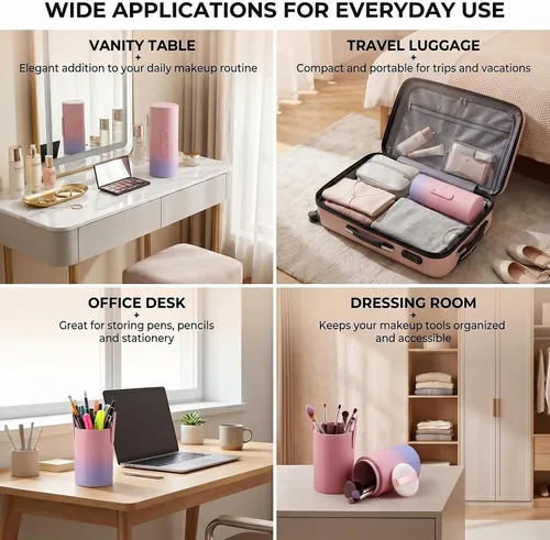 Miniatura 7 de VASANA Organizador de brochas de maquillaje de piel sintética rosa con tapa, herramientas de maquillaje portátiles, estuche organizador de gran