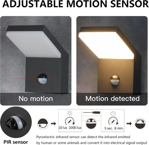 Miniatura 5 de Luces de pared para exteriores con sensor de movimiento, luz LED de porche de 1500 lm con detector PIR ajustable, aplique de pared exterior