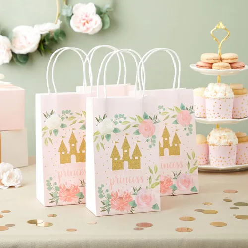 Miniatura 3 de BLUE PANDA Bolsas de regalo de papel de castillo de princesa rosa para fiesta de cumpleaños (9 x 5.3 pulgadas, 24 piezas)