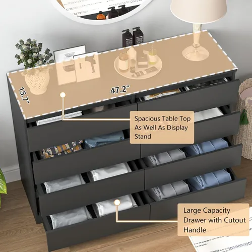 Miniatura 5 de Vibe & Dine Cómoda doble de 8 cajones, cómoda de madera moderna con amplio almacenamiento para armario, dormitorio, sala de estar, color negro