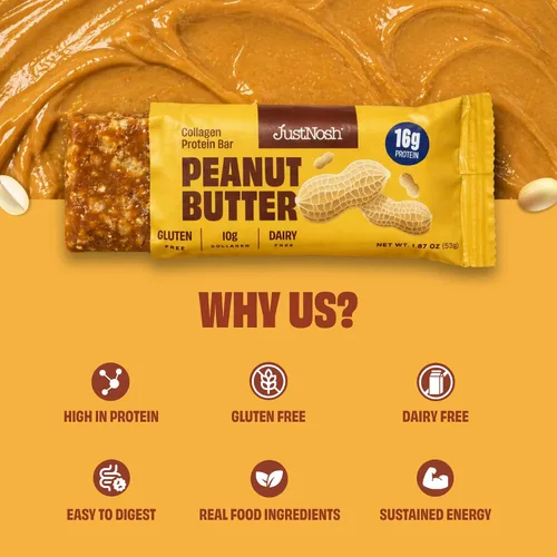 Miniatura 7 de JUSTNOSH Peanut Butter - Barras de proteína de colágeno, 0.63 onzas de proteína, 0.35 onzas de colágeno, sin gluten y lácteos, bajo FODMAP, sin