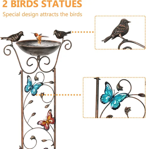 Miniatura 2 de SUNNYPARK Baño para pájaros con enrejado al aire libre, enrejado de hierro antiguo para jardín con mariposas decorativas, cuenco desmontable