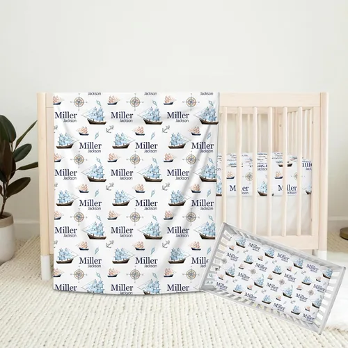 Juego de ropa de cama personalizada para niños y niñas, juego de 2 piezas con edredón para cuna y sábanas bajeras Barco Náutico