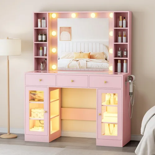 Miniatura 20 de Thacuok Tocador de maquillaje negro con espejo y luces, tocador de 34 pulgadas de ancho con estación de carga y gabinete de vidrio RGB, pequeño