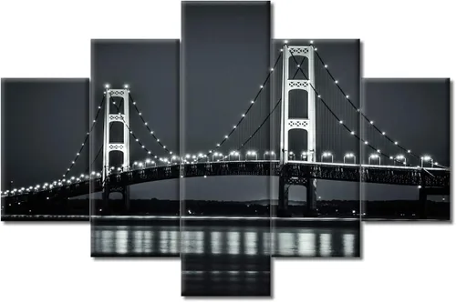 Lienzo decorativo de gran tamaño con diseño de puente Mackinaw, 5 paneles, blanco y negro, vista nocturna de la ciudad de Michigan, impresión sobre