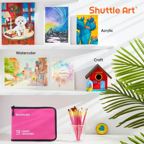 Miniatura 7 de Shuttle Art Juego de 12 pinceles de pintura con estuche, formas y tamaños surtidos para acrílico, acuarela, óleo y gouache, pinceles de artista Rosa