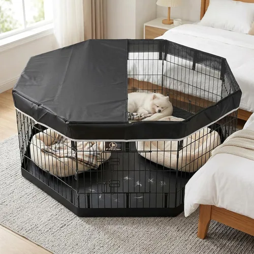 Miniatura 7 de PJYuCien Corralito octogonal para perros con cubierta superior y almohadilla inferior, bolígrafo de ejercicio plegable de metal, 8 paneles de 24