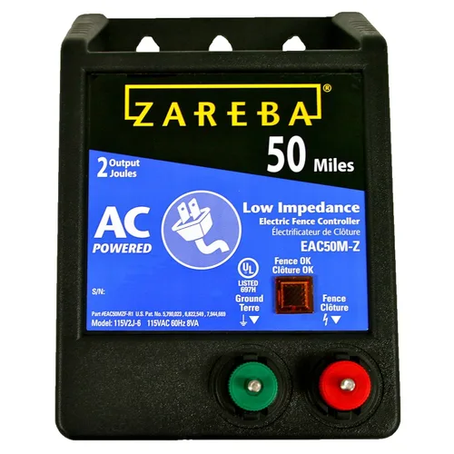Zareba 50 Millas Cargador Eléctrico de Valla con Alimentación de CA de Baja Impedancia - Contiene Cerdos, Cabras, Caballos, Ganado y Más - Mantén a