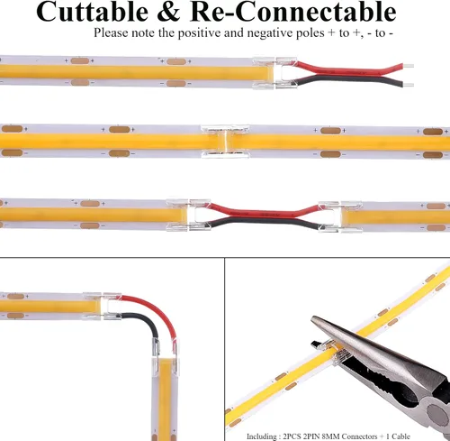 Miniatura 7 de JOYLIT Tira de luces LED COB de 24 V, 5000 K, luz blanca, impermeable, 20 pies/19.7 ft, 320 LEDs/M, uniforme CRI 90+, cinta flexible para armarios