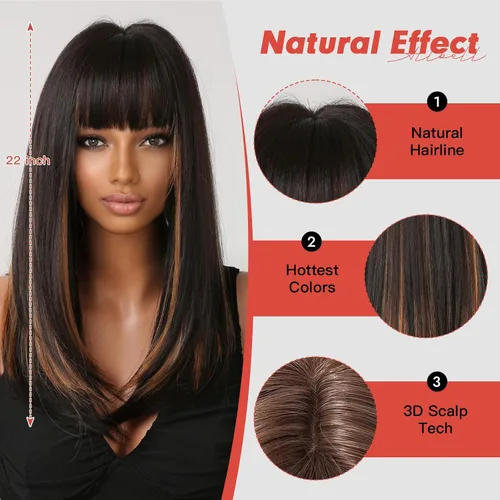 Miniatura 3 de Allbell - Peluca larga negra para mujer de longitud hasta los hombros, con flequillo, color negro mezclado con rubio, sintética natural, reemplazo