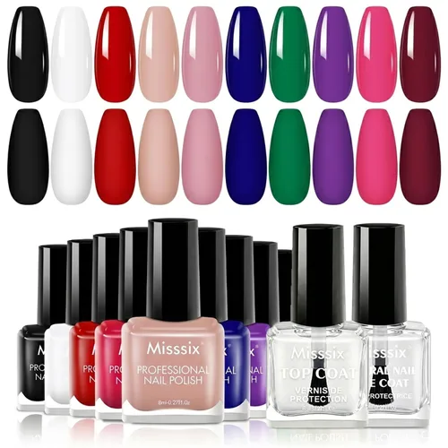Misssix 12 Pcs Nail Polish Set 10 Colors with Base Coat and Top Coat, Quick Dry Nail Polish, Mini Nail Lacquer Strengthening Manicure DIY Nail Art