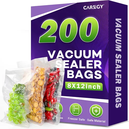 CAREGY Bolsas selladoras al vacío de 200 cuartos de galón de 8 x 12 pulgadas sin BPA para almacenamiento de alimentos, preparación de comidas o al
